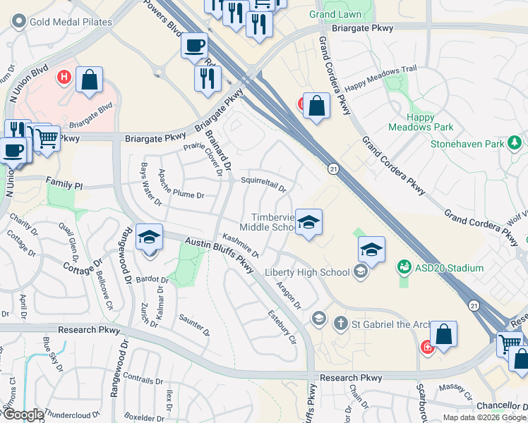 map of restaurants, bars, coffee shops, grocery stores, and more near 4515 Bays Water Drive in Colorado Springs