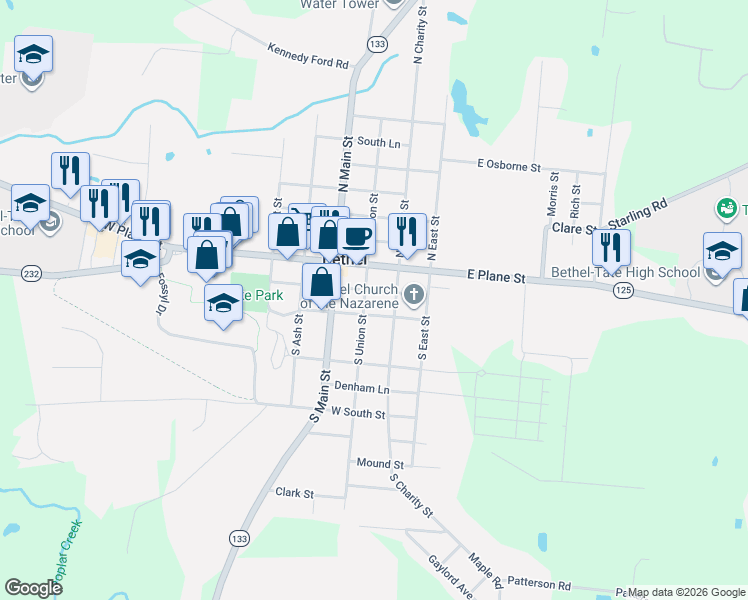 map of restaurants, bars, coffee shops, grocery stores, and more near 126 North Union Street in Bethel