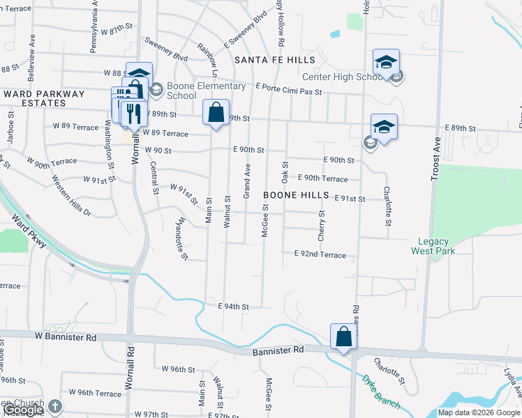 map of restaurants, bars, coffee shops, grocery stores, and more near 9121 Grand Avenue in Kansas City