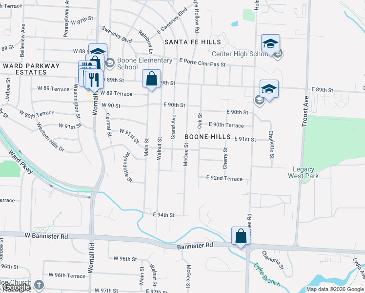 map of restaurants, bars, coffee shops, grocery stores, and more near 9121 Grand Avenue in Kansas City