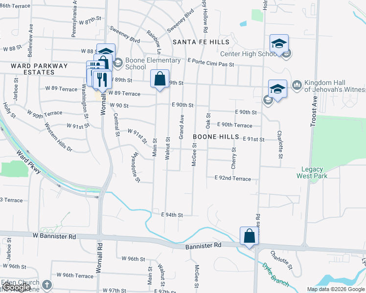 map of restaurants, bars, coffee shops, grocery stores, and more near 9121 Grand Avenue in Kansas City
