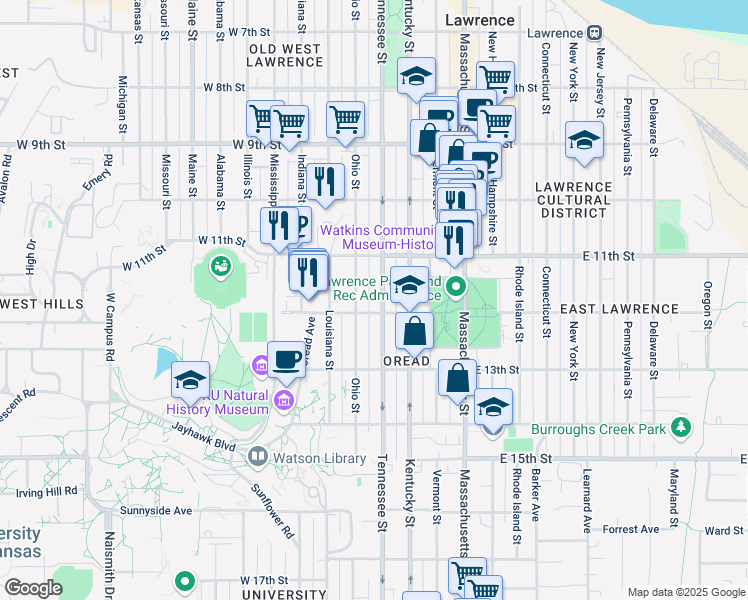 map of restaurants, bars, coffee shops, grocery stores, and more near 1135 Tennessee Street in Lawrence