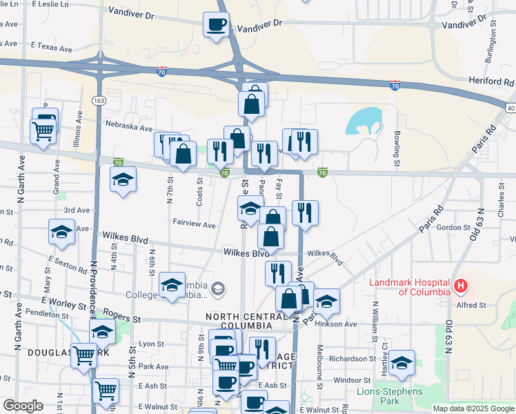 map of restaurants, bars, coffee shops, grocery stores, and more near 1104 Pannell Street in Columbia