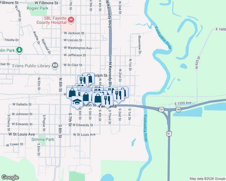 map of restaurants, bars, coffee shops, grocery stores, and more near 218e West Madison Street in Vandalia