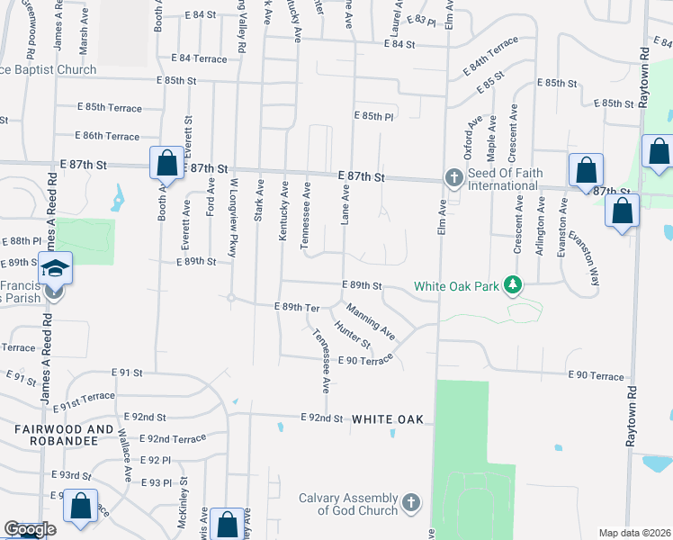 map of restaurants, bars, coffee shops, grocery stores, and more near 8921 East 88th Terrace in Kansas City