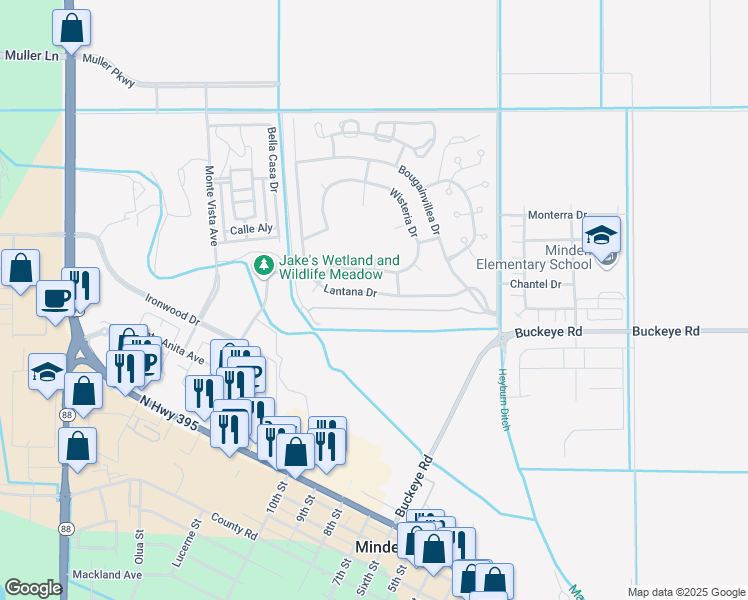 map of restaurants, bars, coffee shops, grocery stores, and more near 1680 Lantana Drive in Minden