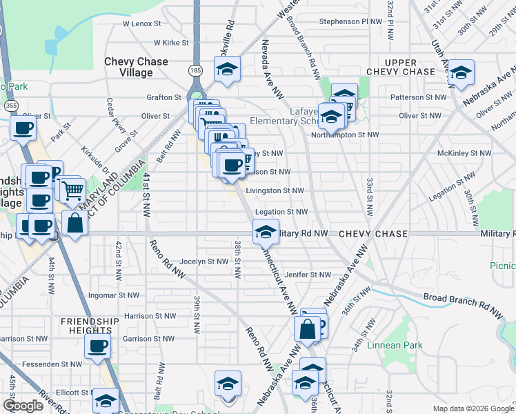 map of restaurants, bars, coffee shops, grocery stores, and more near 5425 Connecticut Avenue Northwest in Washington