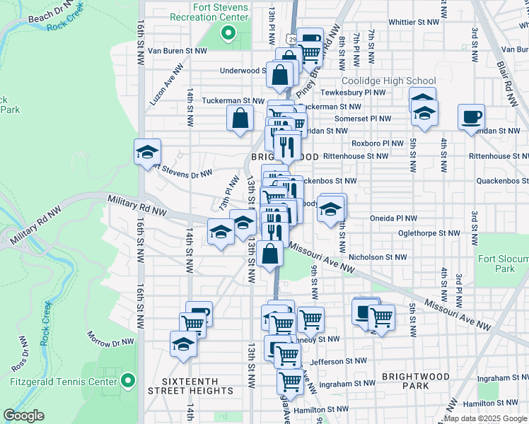 map of restaurants, bars, coffee shops, grocery stores, and more near 5940 Piney Branch Road Northwest in Washington