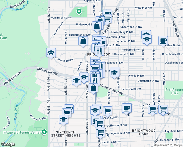 map of restaurants, bars, coffee shops, grocery stores, and more near 5940 Piney Branch Road Northwest in Washington