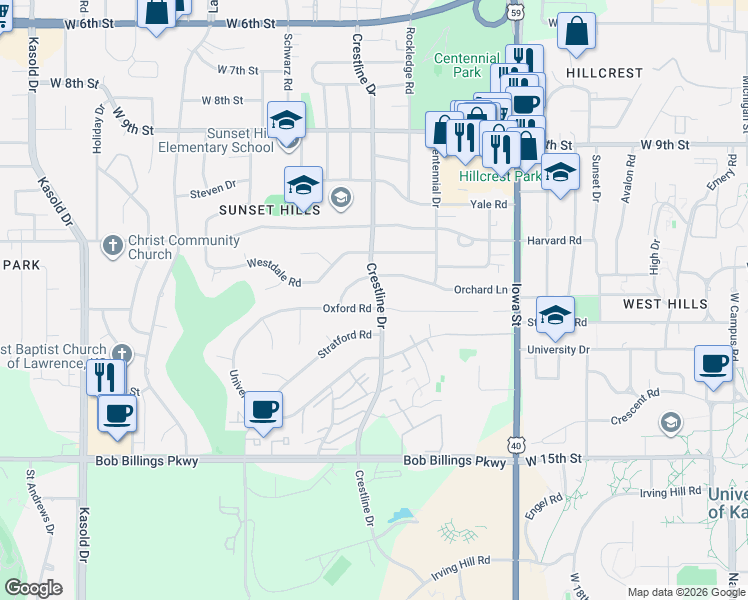 map of restaurants, bars, coffee shops, grocery stores, and more near 1135-1199 Crestline Drive in Lawrence