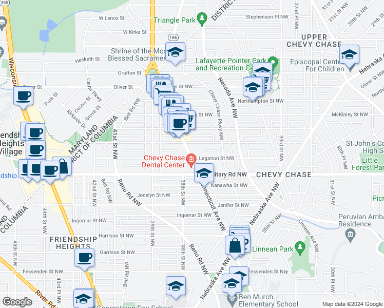 map of restaurants, bars, coffee shops, grocery stores, and more near 5431 Connecticut Avenue Northwest in Washington