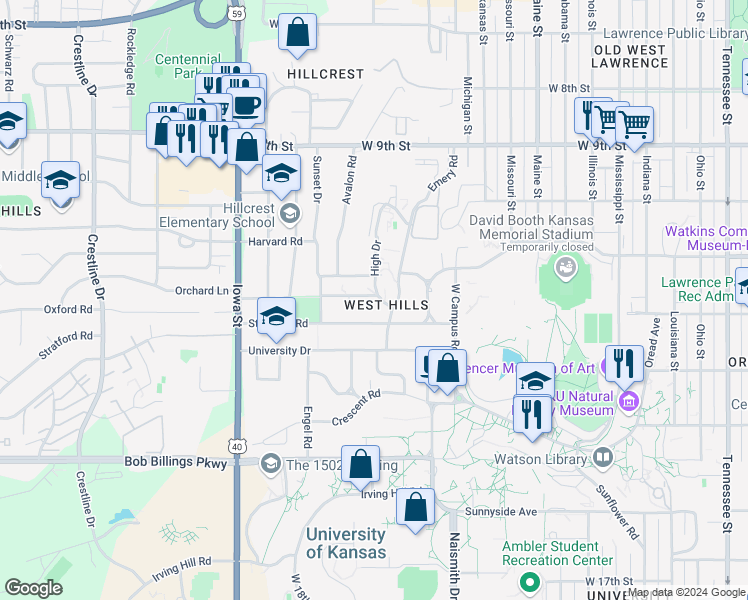 map of restaurants, bars, coffee shops, grocery stores, and more near 1601 Oxford Road in Lawrence