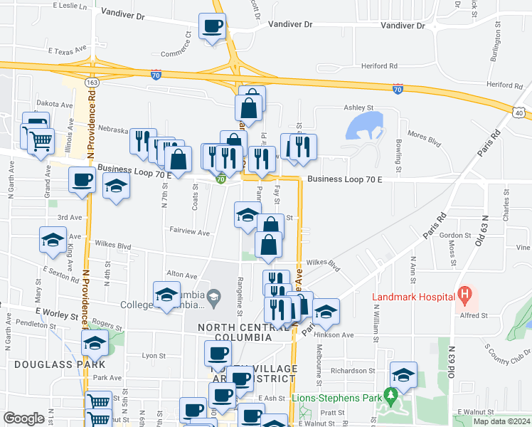 map of restaurants, bars, coffee shops, grocery stores, and more near 1113 Smith Street in Columbia