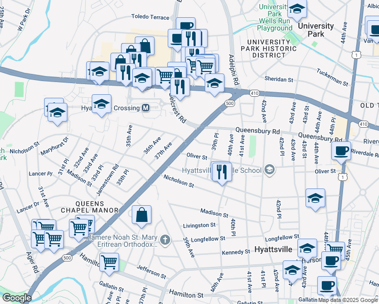 map of restaurants, bars, coffee shops, grocery stores, and more near 3806 Oliver Street in Hyattsville