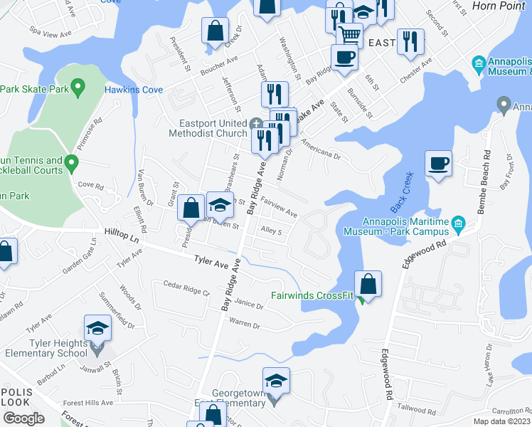 map of restaurants, bars, coffee shops, grocery stores, and more near 3 Highland Avenue in Annapolis