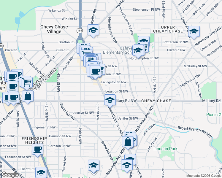 map of restaurants, bars, coffee shops, grocery stores, and more near 3737 Legation Street Northwest in Washington