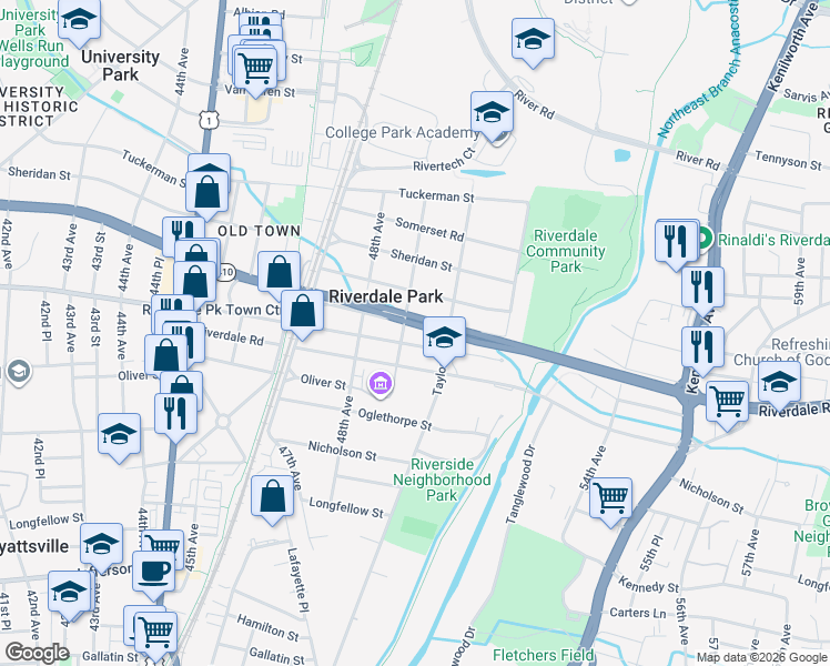 map of restaurants, bars, coffee shops, grocery stores, and more near 4903 East-West Highway in Riverdale Park