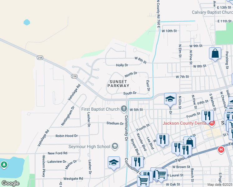 map of restaurants, bars, coffee shops, grocery stores, and more near 1200 South Drive in Seymour