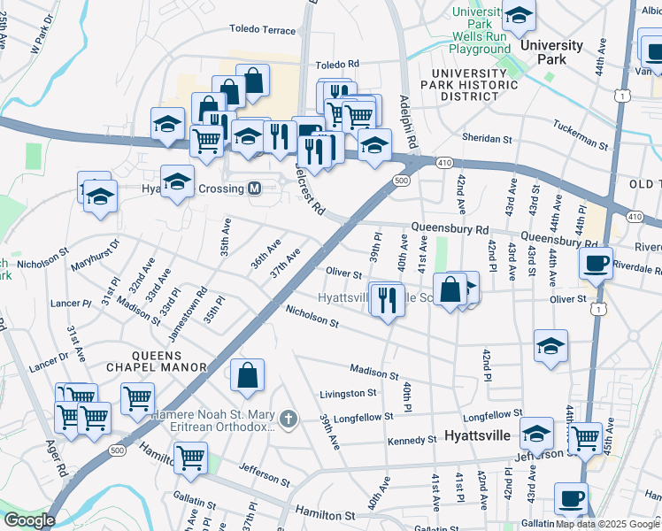map of restaurants, bars, coffee shops, grocery stores, and more near 3806 Oliver Street in Hyattsville