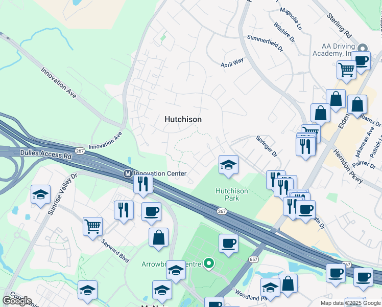 map of restaurants, bars, coffee shops, grocery stores, and more near 13359 Hungerford Place in Herndon