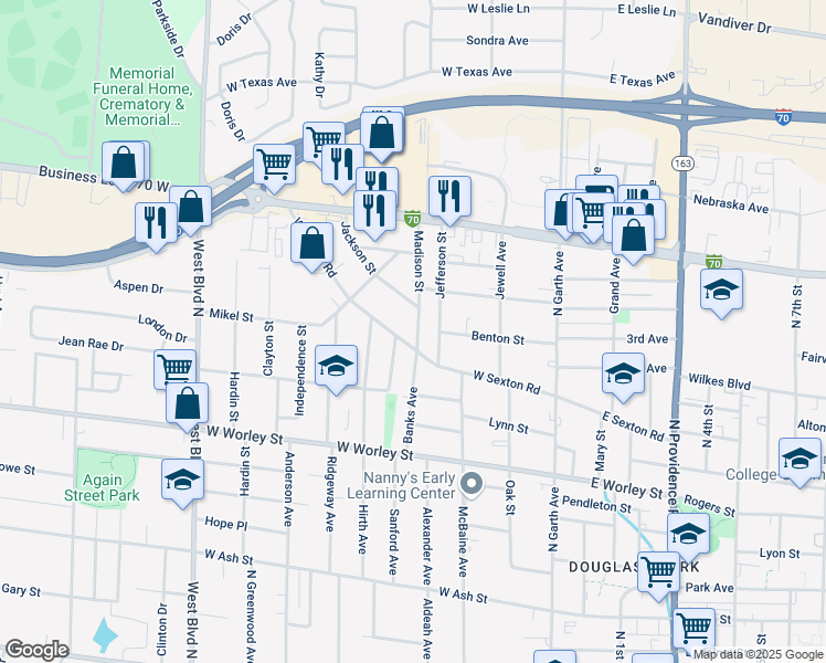 map of restaurants, bars, coffee shops, grocery stores, and more near 907 Madison Street in Columbia