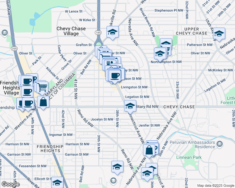 map of restaurants, bars, coffee shops, grocery stores, and more near 5420 Connecticut Avenue Northwest in Washington