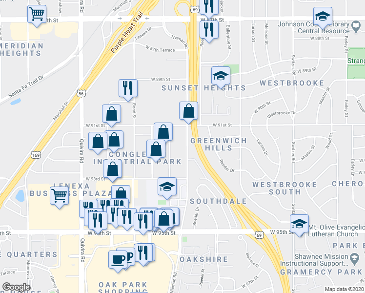 map of restaurants, bars, coffee shops, grocery stores, and more near 9120 Nieman Road in Overland Park
