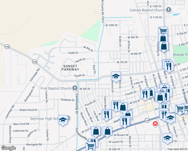 map of restaurants, bars, coffee shops, grocery stores, and more near 750 South Drive in Seymour
