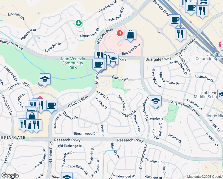 map of restaurants, bars, coffee shops, grocery stores, and more near 9060 Aldersgate Court in Colorado Springs