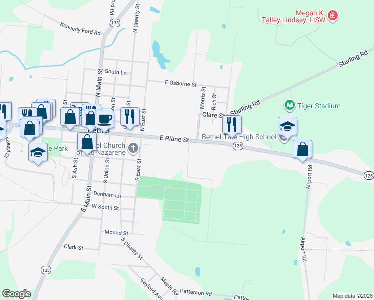 map of restaurants, bars, coffee shops, grocery stores, and more near 105 Spring Street in Bethel