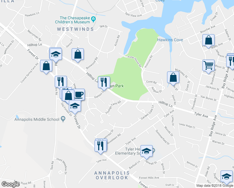 map of restaurants, bars, coffee shops, grocery stores, and more near 325 Hilltop Lane in Annapolis