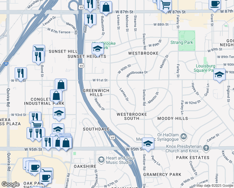 map of restaurants, bars, coffee shops, grocery stores, and more near 10616 West 92nd Place in Overland Park