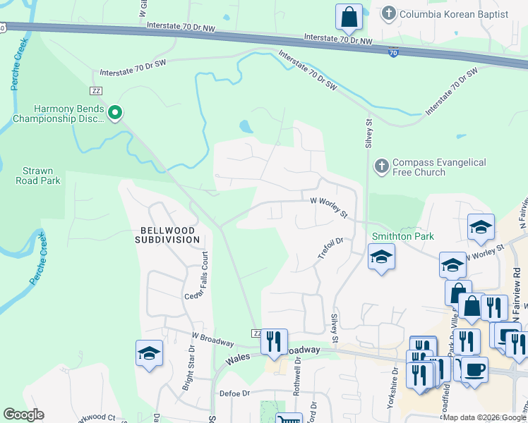 map of restaurants, bars, coffee shops, grocery stores, and more near 4008 West Worley Street in Columbia