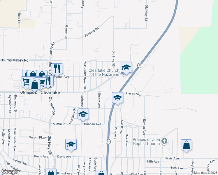 map of restaurants, bars, coffee shops, grocery stores, and more near 3465 Garfield Avenue in Clearlake