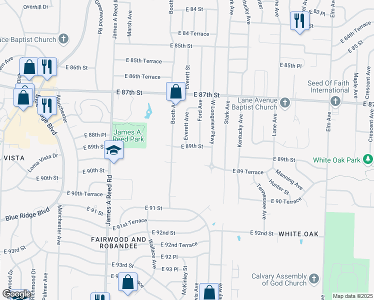 map of restaurants, bars, coffee shops, grocery stores, and more near 8719 Ford Avenue in Raytown