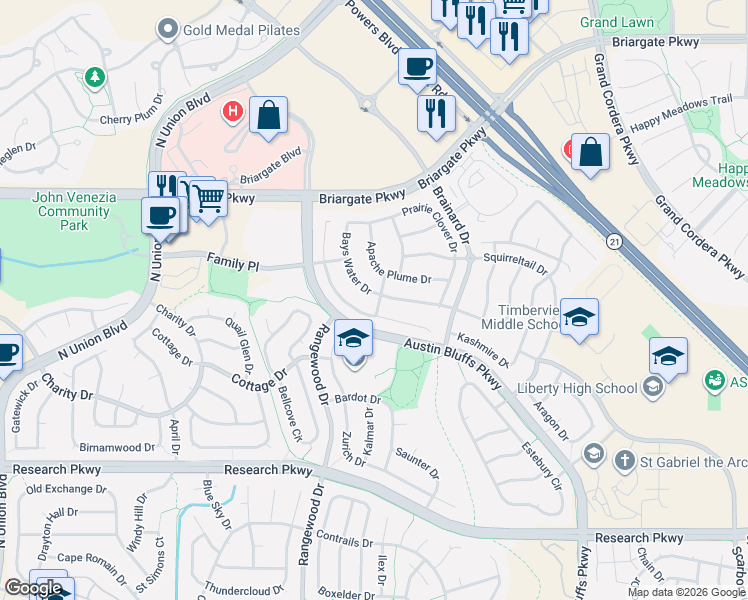 map of restaurants, bars, coffee shops, grocery stores, and more near 4295 Bays Water Drive in Colorado Springs