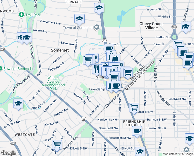 map of restaurants, bars, coffee shops, grocery stores, and more near 4515 Willard Avenue in Chevy Chase