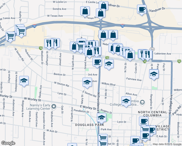 map of restaurants, bars, coffee shops, grocery stores, and more near 109 3rd Avenue in Columbia