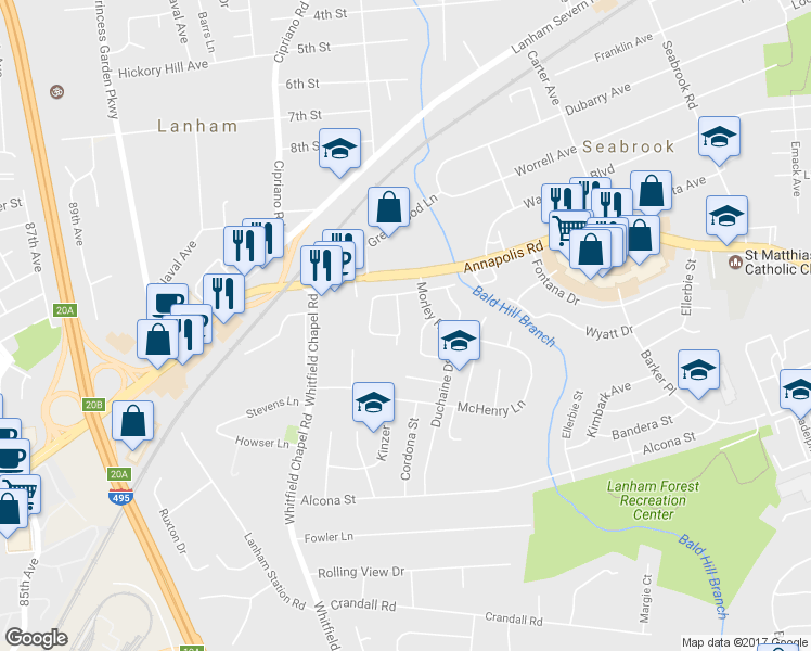 map of restaurants, bars, coffee shops, grocery stores, and more near 5619 Gregory Drive in Lanham