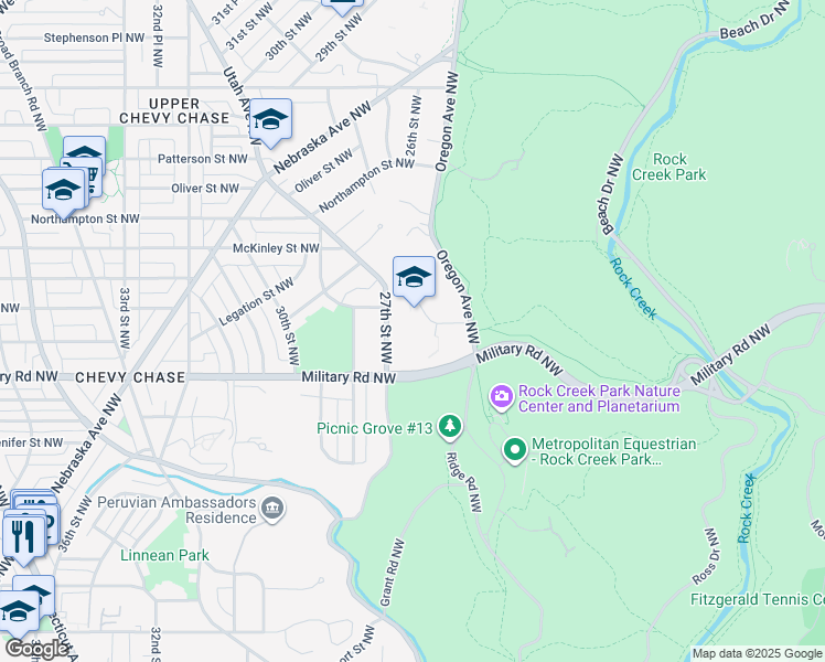 map of restaurants, bars, coffee shops, grocery stores, and more near 2607 Military Road Northwest in Washington