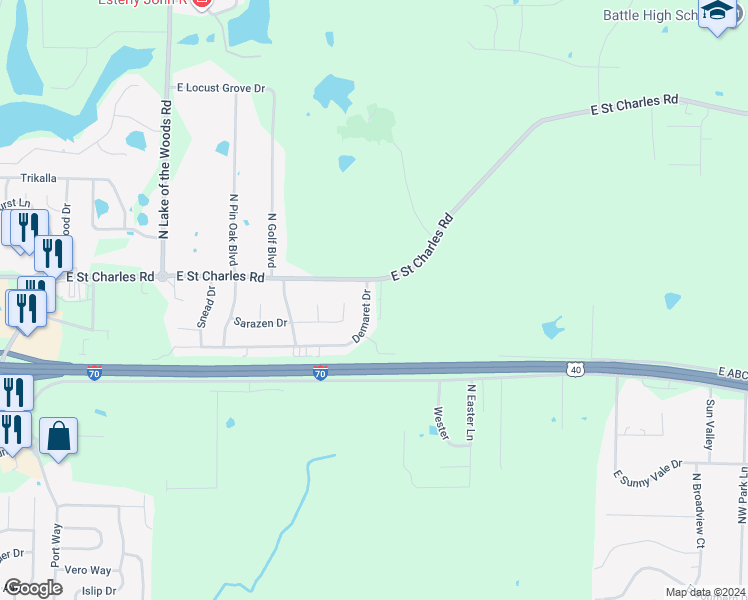map of restaurants, bars, coffee shops, grocery stores, and more near 702 Demaret Drive in Columbia