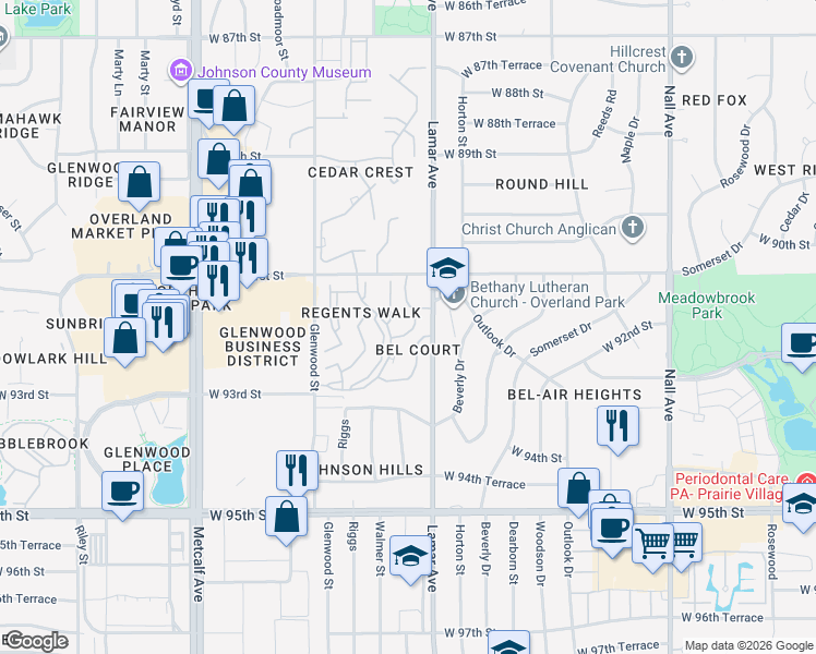 map of restaurants, bars, coffee shops, grocery stores, and more near 9115 Walmer Street in Overland Park