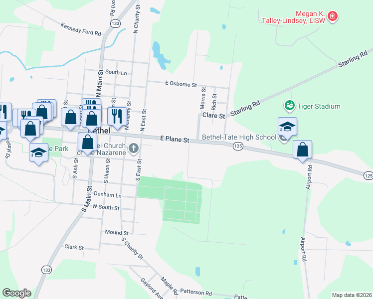 map of restaurants, bars, coffee shops, grocery stores, and more near 105 Spring Street in Bethel