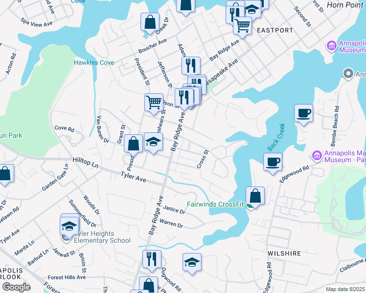 map of restaurants, bars, coffee shops, grocery stores, and more near 1 Highland Avenue in Annapolis