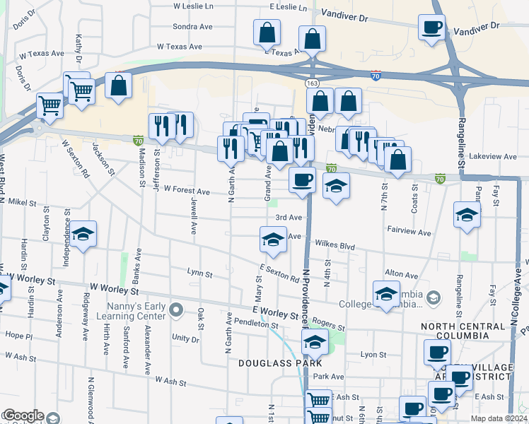 map of restaurants, bars, coffee shops, grocery stores, and more near 1001 Grand Avenue in Columbia