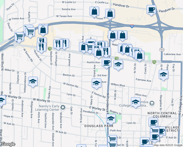 map of restaurants, bars, coffee shops, grocery stores, and more near 19 3rd Avenue in Columbia