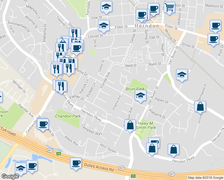map of restaurants, bars, coffee shops, grocery stores, and more near 709 Alabama Drive in Herndon