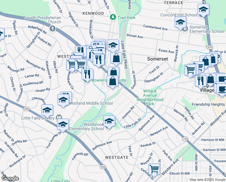 map of restaurants, bars, coffee shops, grocery stores, and more near 5429 Butler Road in Bethesda