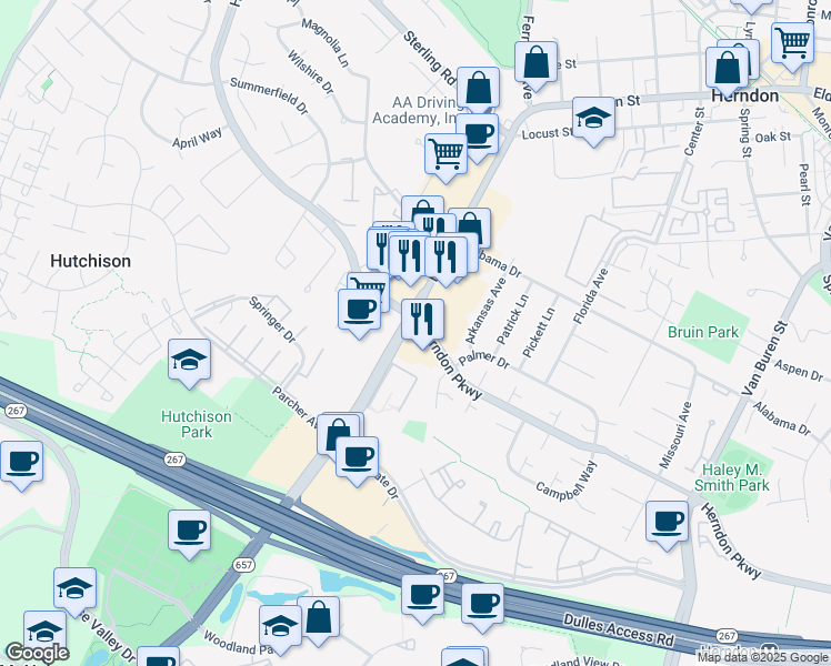 map of restaurants, bars, coffee shops, grocery stores, and more near 1201 Elden St in Herndon