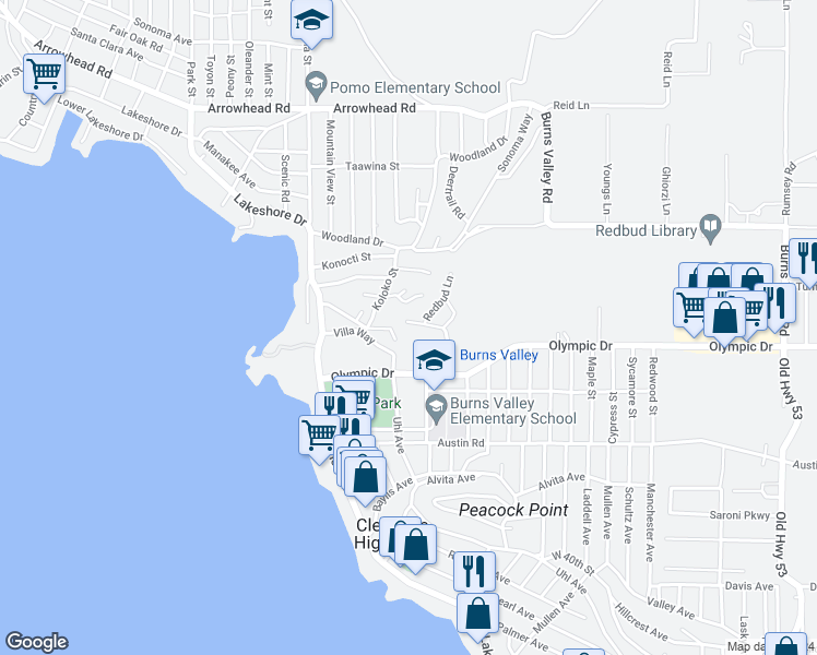 map of restaurants, bars, coffee shops, grocery stores, and more near 14284 Memory Lane in Clearlake
